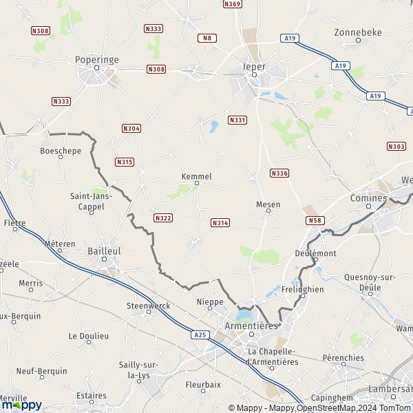 De kaart voor de stad 8950-8958 Heuvelland