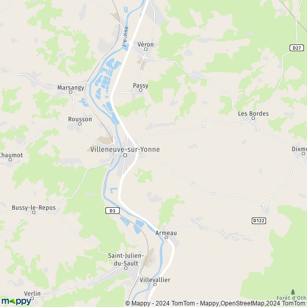 De kaart voor de stad Villeneuve-sur-Yonne 89500