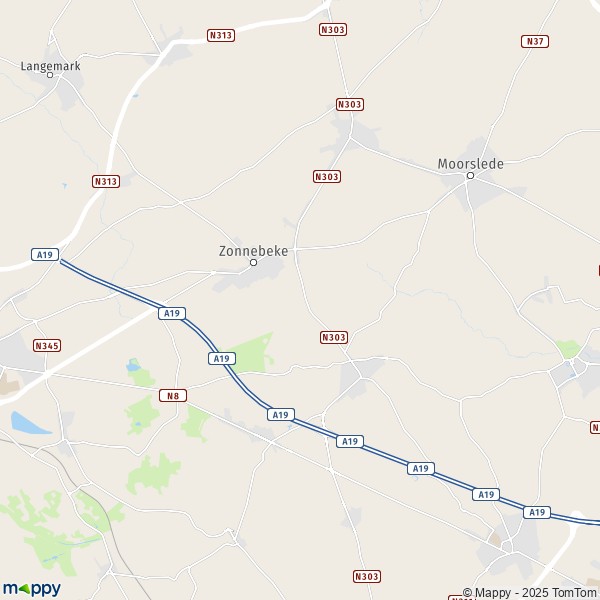 De kaart voor de stad 8980 Zonnebeke