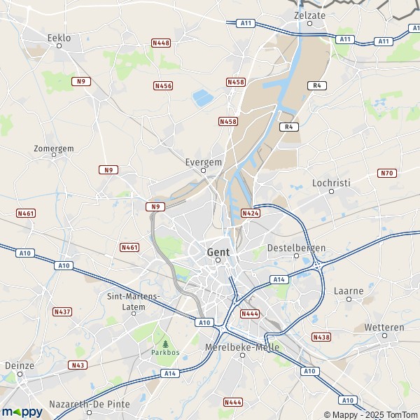 De kaart voor de stad 9000-9921 Gent