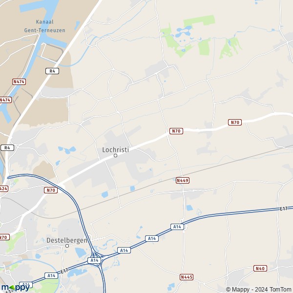 De kaart voor de stad 9070-9080 Lochristi