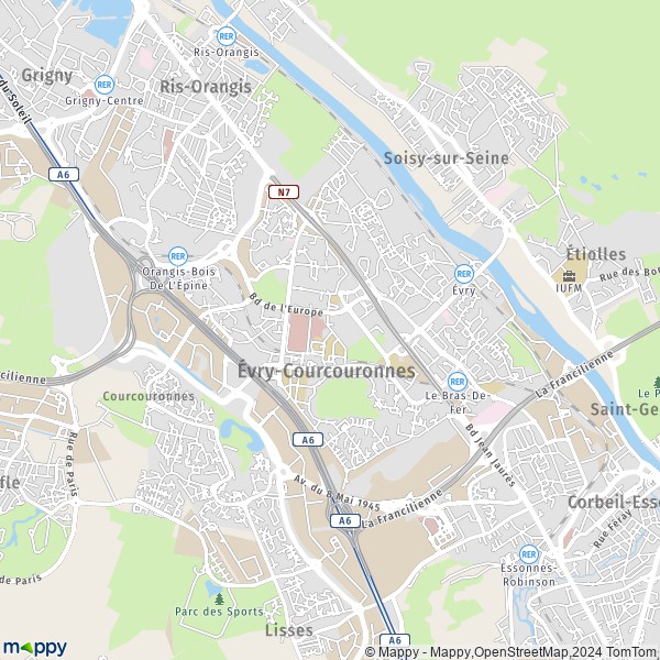 De kaart voor de stad Évry-Courcouronnes 91000-91080
