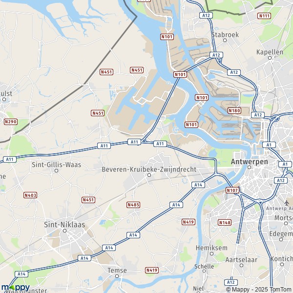 De kaart voor de stad 9120-9130 Beveren