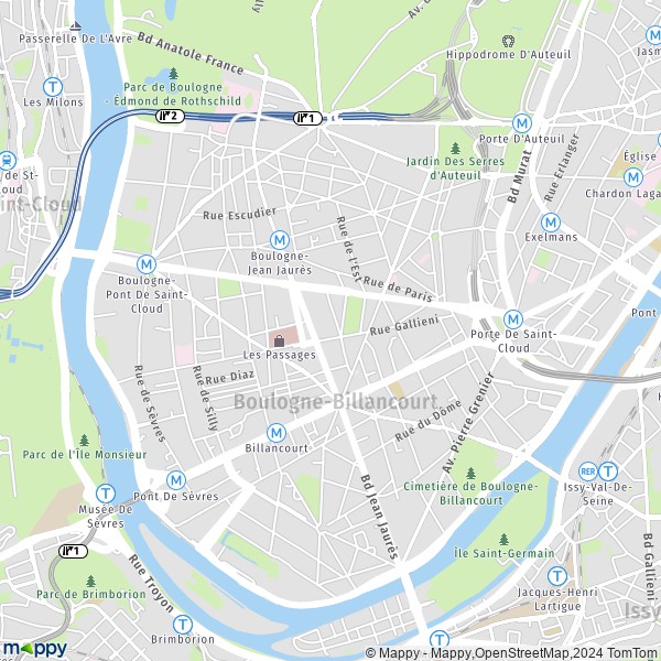 De kaart voor de stad Boulogne-Billancourt 92100