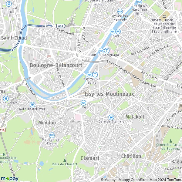 De kaart voor de stad Issy-les-Moulineaux 92130