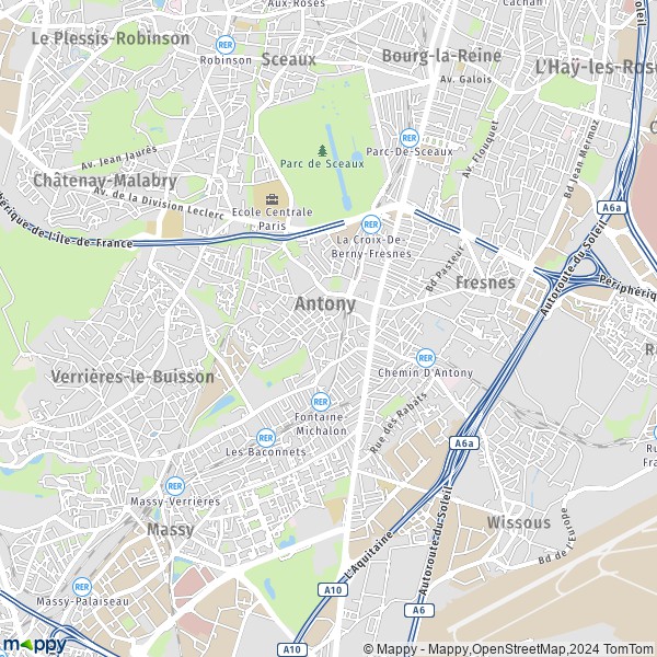 De kaart voor de stad Antony 92160