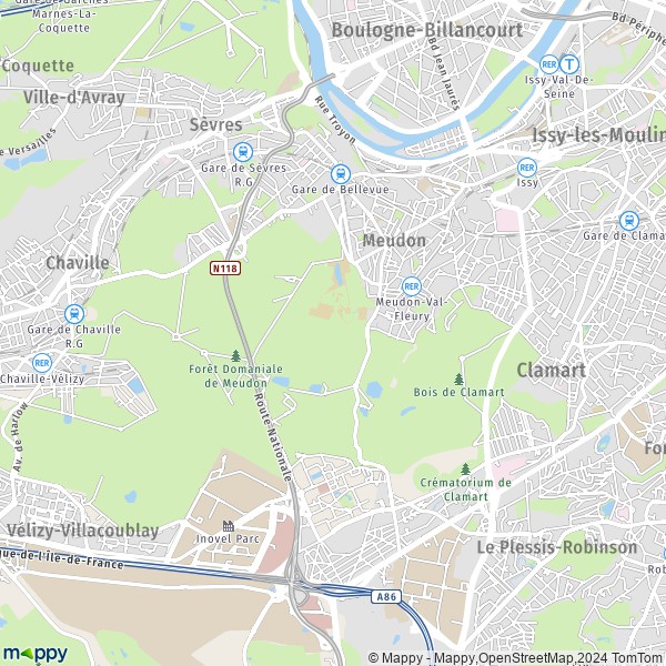 De kaart voor de stad Meudon 92190-92360