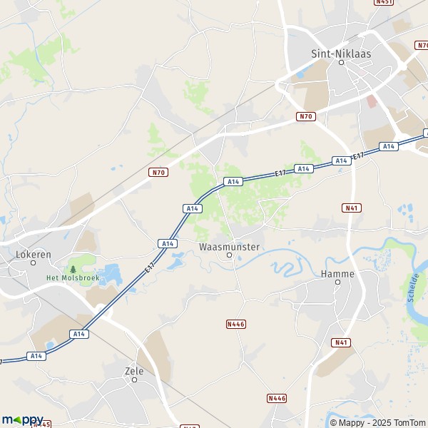 De kaart voor de stad 9220-9250 Waasmunster