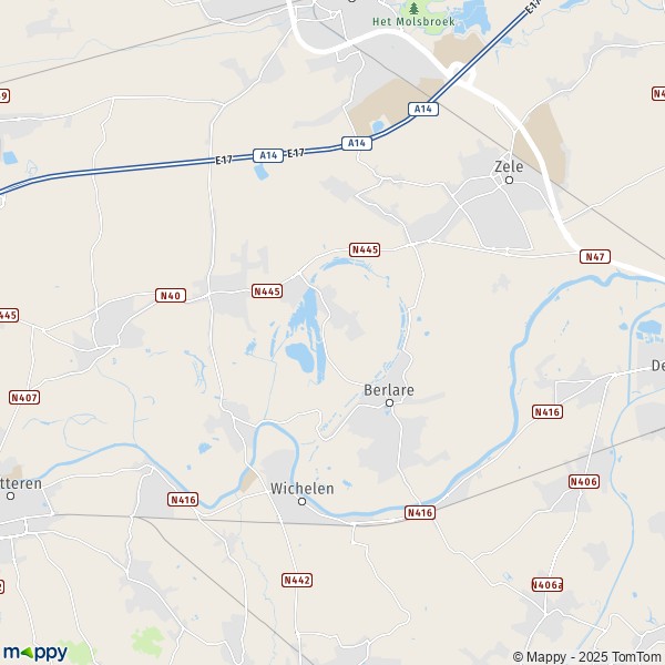 De kaart voor de stad 9240-9290 Berlare