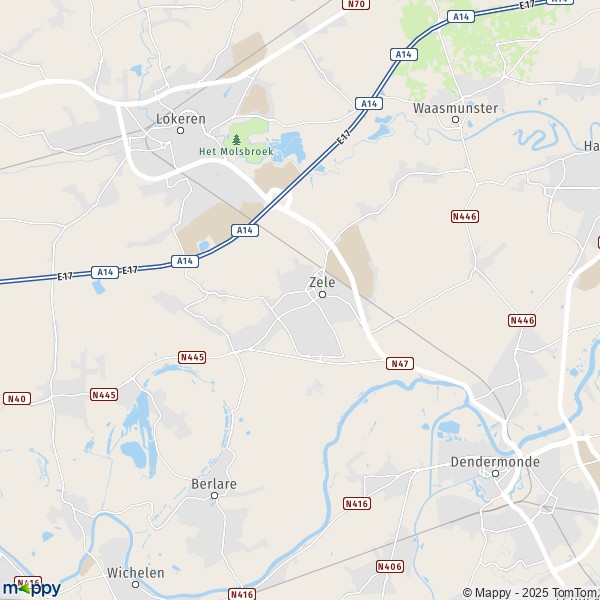 De kaart voor de stad 9240 Zele