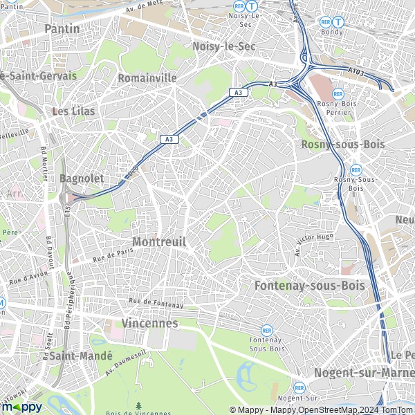 De kaart voor de stad Montreuil 93100