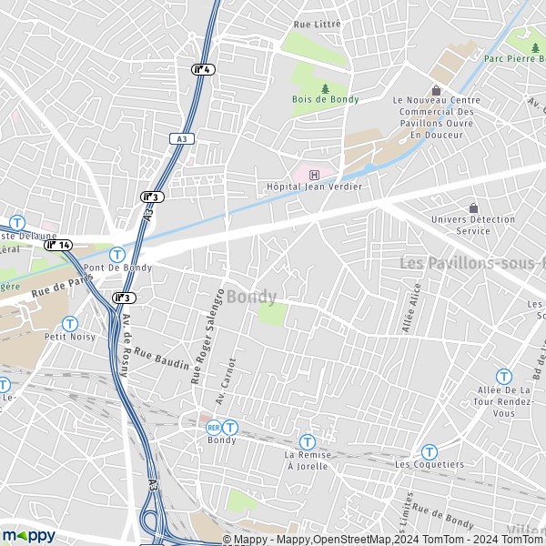 De kaart voor de stad Bondy 93140