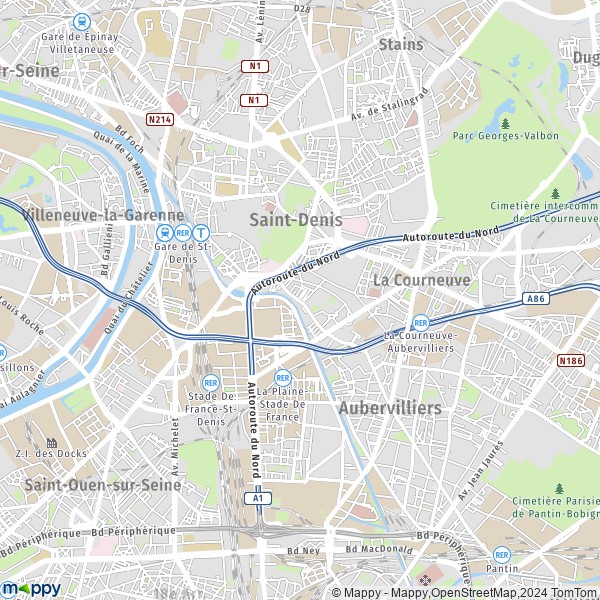 De kaart voor de stad Saint-Denis 93200-93210