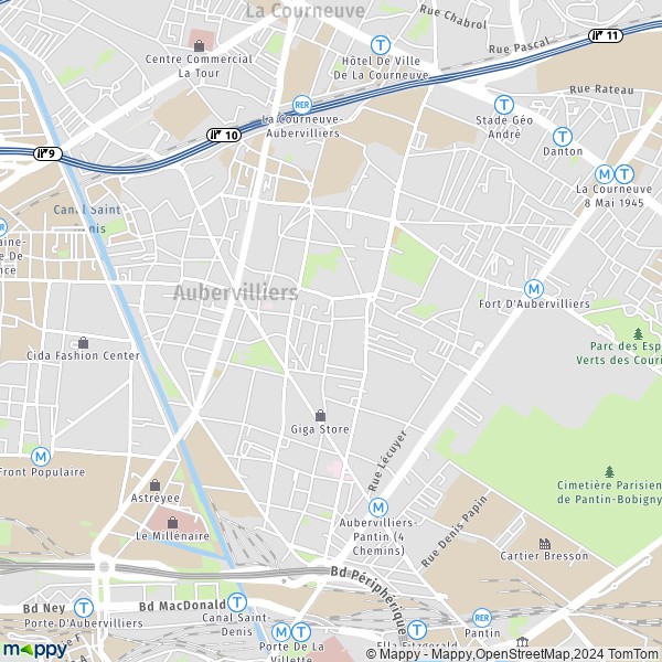 De kaart voor de stad Aubervilliers 93300