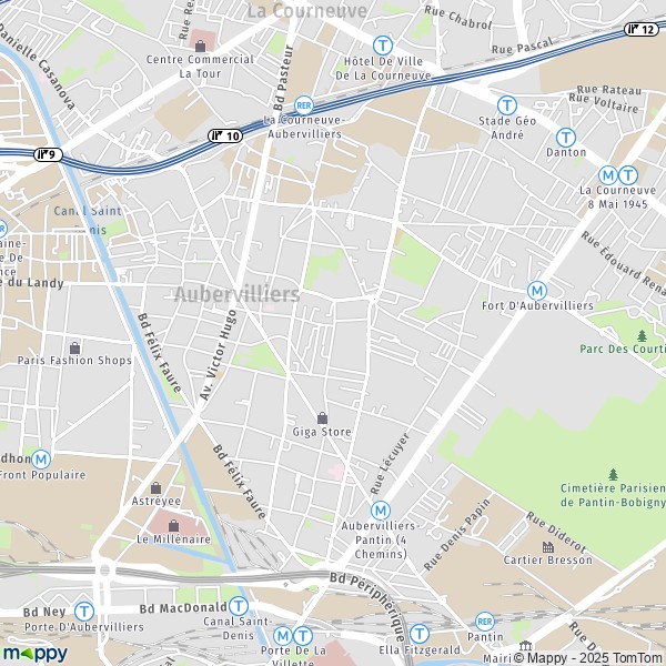 De kaart voor de stad Aubervilliers 93300