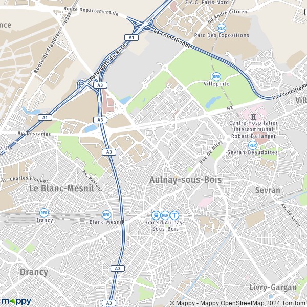 De kaart voor de stad Aulnay-sous-Bois 93600