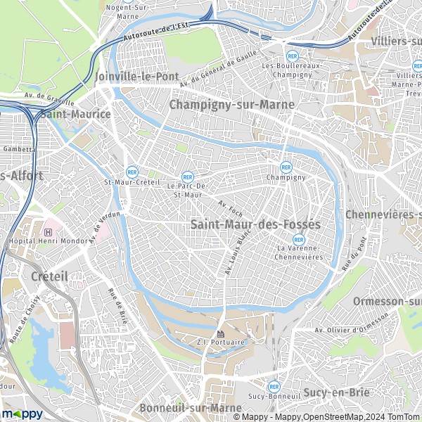 De kaart voor de stad Saint-Maur-des-Fossés 94100-94210