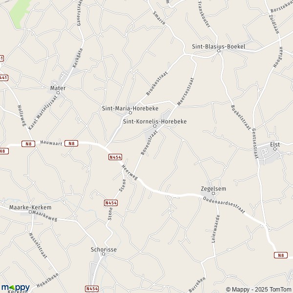 De kaart voor de stad 9660-9688 Horebeke