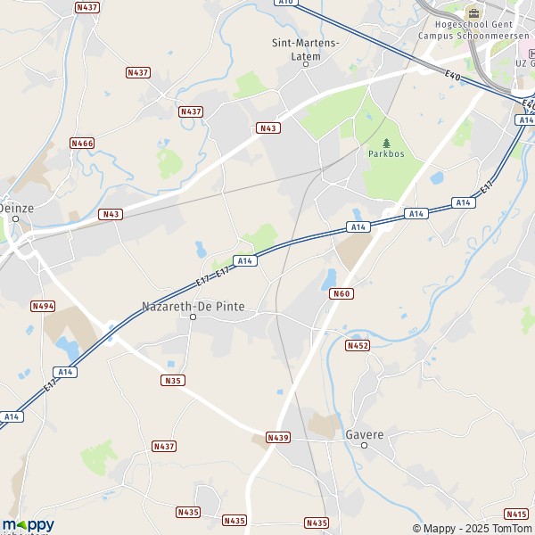 De kaart voor de stad 9750-9840 Nazareth-De Pinte
