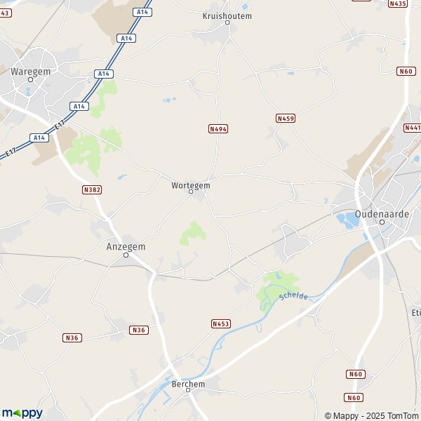 De kaart voor de stad 9790 Wortegem-Petegem