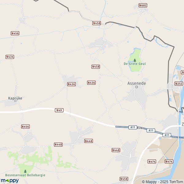 De kaart voor de stad 9940-9970 Assenede