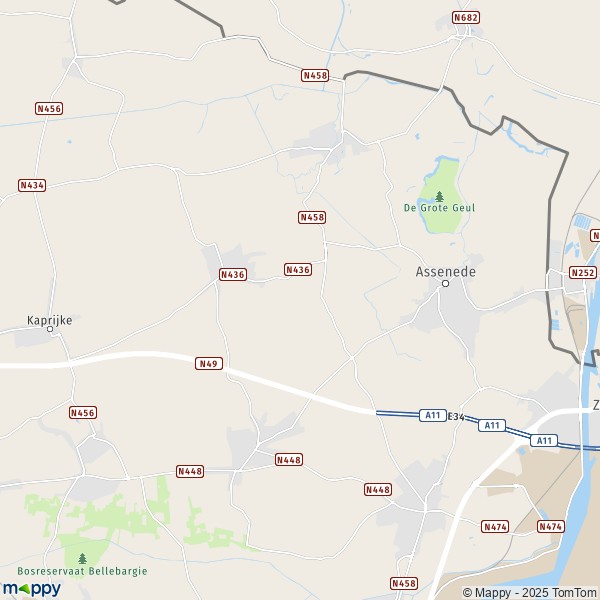 De kaart voor de stad 9960-9968 Assenede