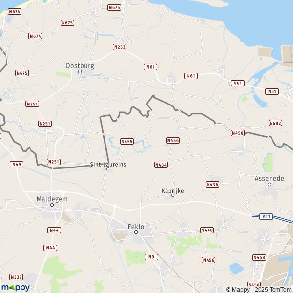 De kaart voor de stad 9970-9988 Sint-Laureins
