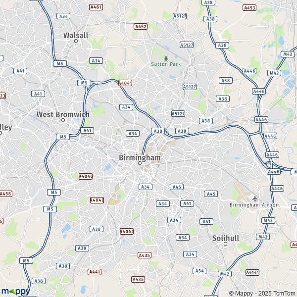 De kaart voor de stad Birmingham B1 1-B92 9