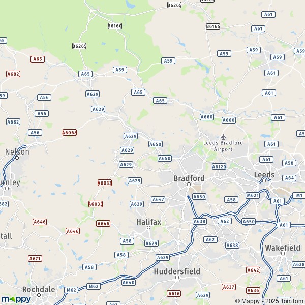 De kaart voor de stad Bradford BD1 1-BD99 9