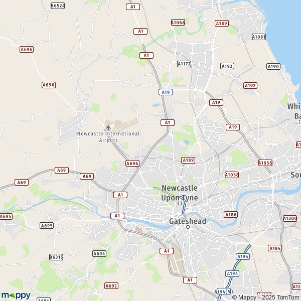 De kaart voor de stad Newcastle Upon Tyne NE1 1-NE98 1
