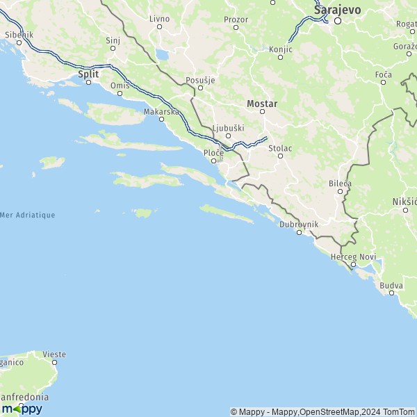 De kaart voor de County of Dubrovnik-Neretva