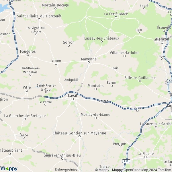 De kaart voor de Mayenne