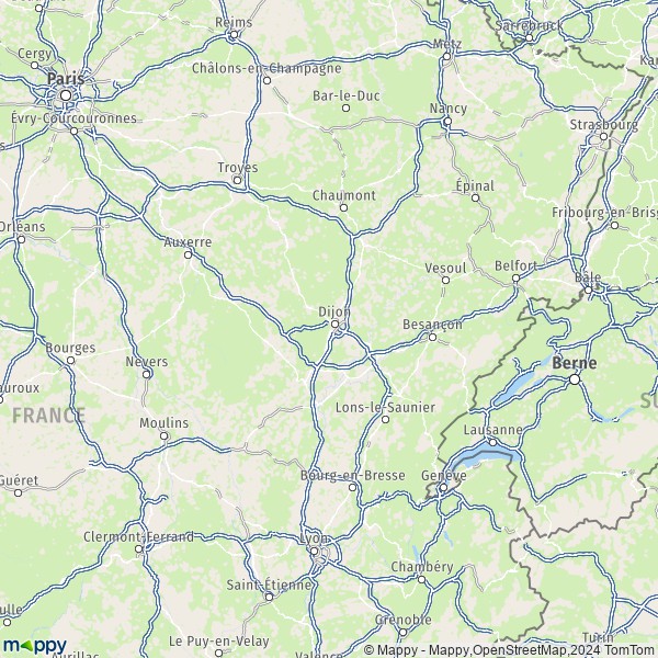De kaart voor de Bourgogne-Franche-Comté
