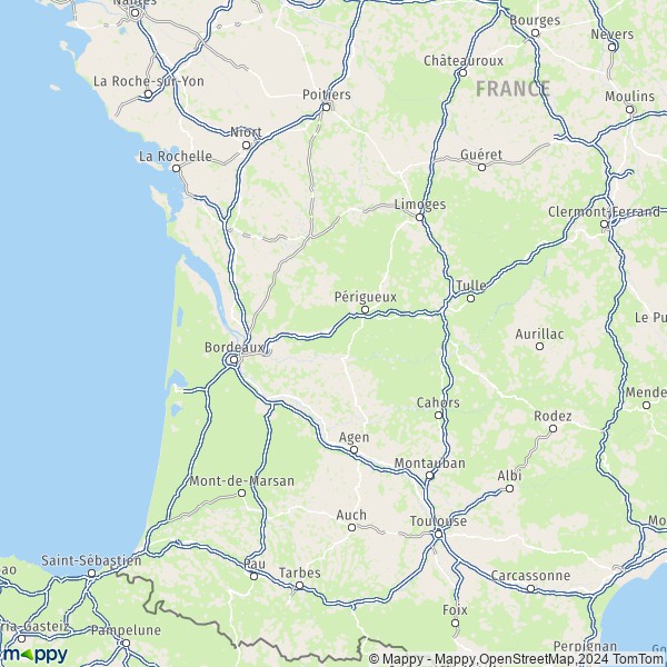 De kaart voor de Nouvelle-Aquitaine