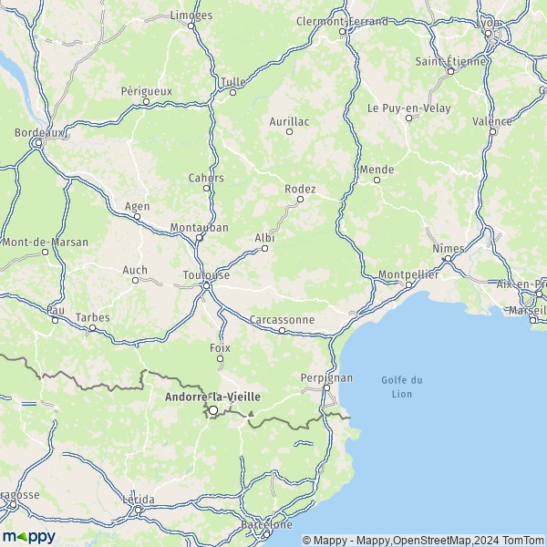 De kaart voor de Occitanië